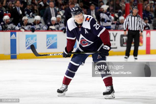 Nathan MacKinnon of the Colorado Avalanche awaits a faceoff against the Winnipeg Jets at Ball Arena on April 13, 2023 in Denver, Colorado.