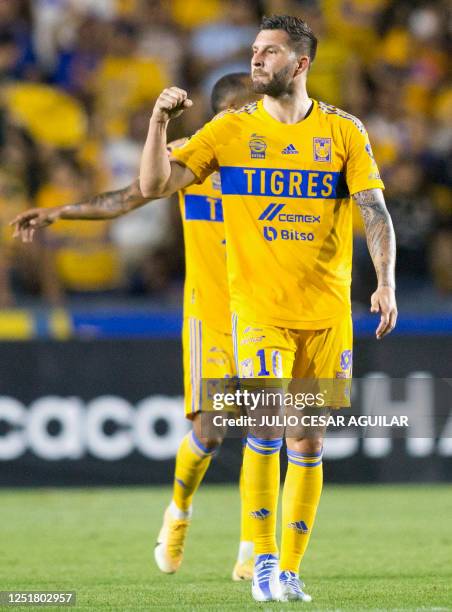 Mexico's Tigres Andre Pierre Gignac celebrates after scoring against Honduras' Motagua during the CONCACAF Champions League football, match at the...