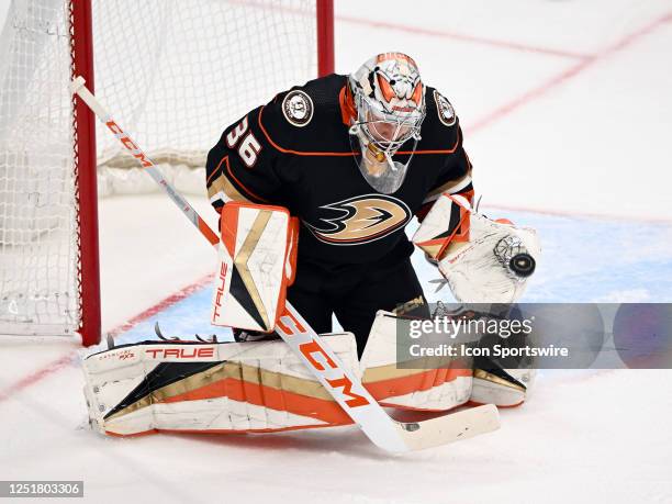 Anaheim Ducks goalie John Gibson catches the puck during an NHL hockey game against the Los Angeles Kings played on April 13, 2023 at the Honda...