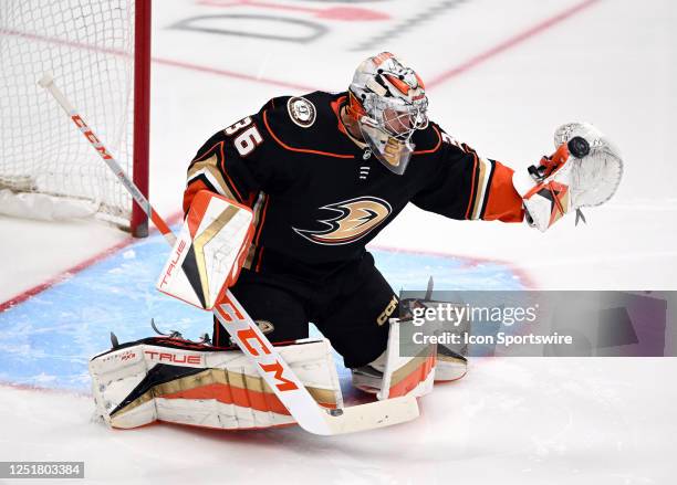 Anaheim Ducks goalie John Gibson catches the puck during an NHL hockey game against the Los Angeles Kings played on April 13, 2023 at the Honda...