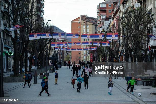 Serbian flags shown the north part of Mitrovica in Kosovo on April 13, 2023.