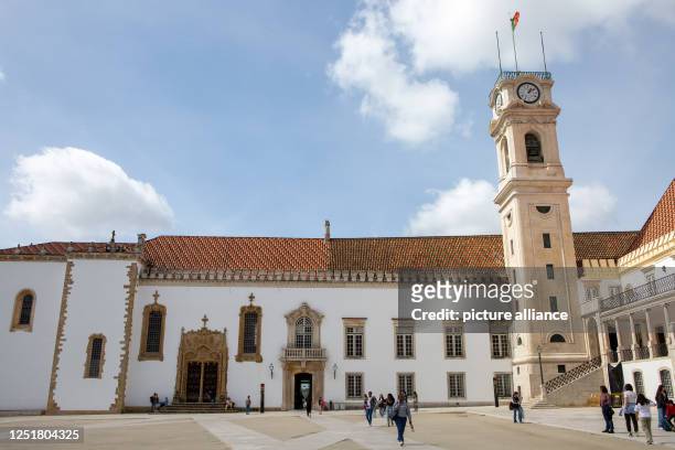 March 2023, Portugal, Coimbra: The tower "Cabra" at the university palace "Paco das Escolas" at the central courtyard of the University of Coimbra...