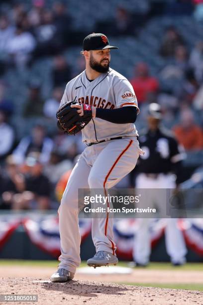 San Francisco Giants relief pitcher Jakob Junis delivers a pitch during an MLB game against the Chicago White Sox on April 06, 2023 at Guaranteed...