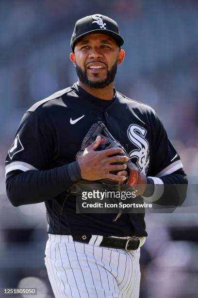 Chicago White Sox second baseman Elvis Andrus looks on during an MLB game against the San Francisco Giants on April 06, 2023 at Guaranteed Rate Field...