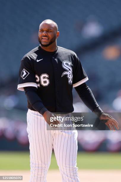 Chicago White Sox third baseman Hanser Alberto looks on during an MLB game against the San Francisco Giants on April 06, 2023 at Guaranteed Rate...