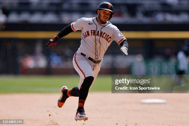 San Francisco Giants shortstop Thairo Estrada runs the bases during an MLB game against the Chicago White Sox on April 06, 2023 at Guaranteed Rate...