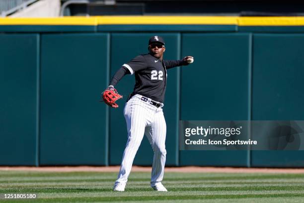 Chicago White Sox center fielder Oscar Colas throws the ball during an MLB game against the San Francisco Giants on April 06, 2023 at Guaranteed Rate...