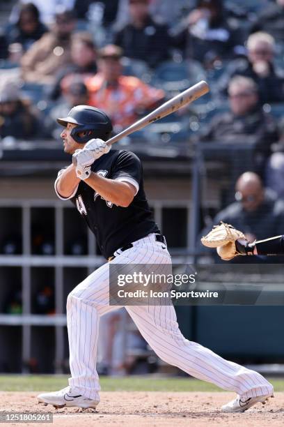 Chicago White Sox catcher Seby Zavala bats during an MLB game against the San Francisco Giants on April 06, 2023 at Guaranteed Rate Field in Chicago,...