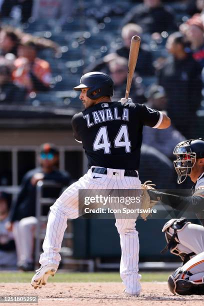 Chicago White Sox catcher Seby Zavala bats during an MLB game against the San Francisco Giants on April 06, 2023 at Guaranteed Rate Field in Chicago,...