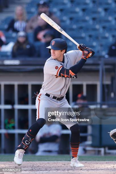 San Francisco Giants center fielder Bryce Johnson bats during an MLB game against the Chicago White Sox on April 06, 2023 at Guaranteed Rate Field in...