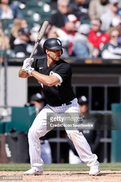Chicago White Sox catcher Seby Zavala bats during an MLB game against the San Francisco Giants on April 06, 2023 at Guaranteed Rate Field in Chicago,...