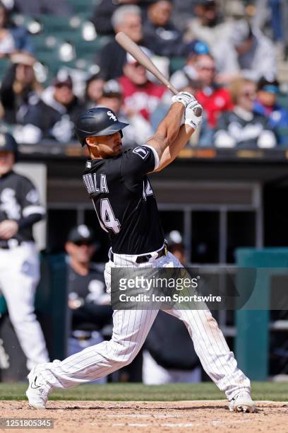 Chicago White Sox catcher Seby Zavala bats during an MLB game against the San Francisco Giants on April 06, 2023 at Guaranteed Rate Field in Chicago,...