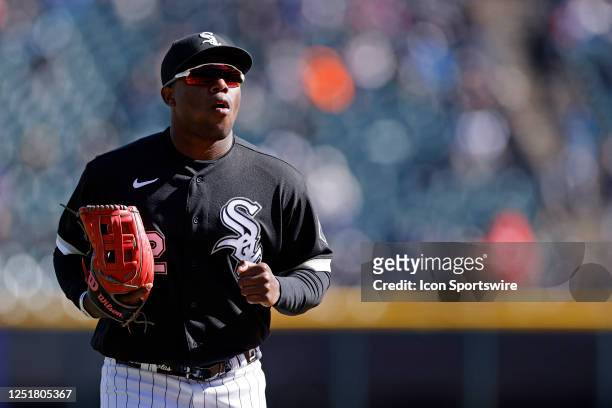 Chicago White Sox center fielder Oscar Colas looks on during an MLB game against the San Francisco Giants on April 06, 2023 at Guaranteed Rate Field...