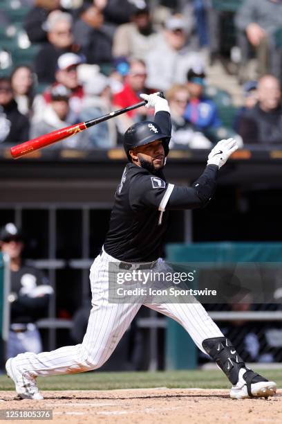 Chicago White Sox second baseman Elvis Andrus bats during an MLB game against the San Francisco Giants on April 06, 2023 at Guaranteed Rate Field in...