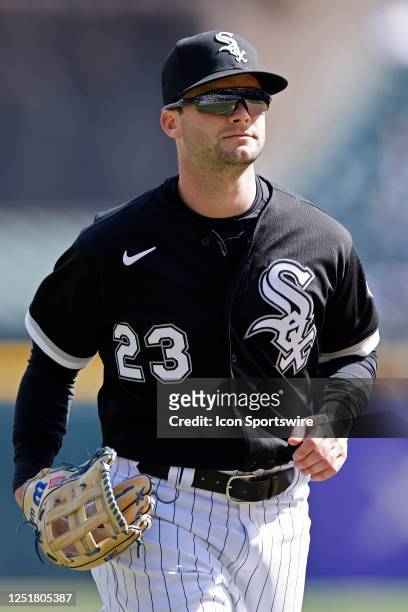 Chicago White Sox left fielder Andrew Benintendi heads to the dugout in between innings during an MLB game against the San Francisco Giants on April...