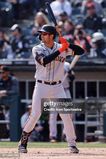 San Francisco Giants catcher Blake Sabol bats during an MLB game against the Chicago White Sox on April 06, 2023 at Guaranteed Rate Field in Chicago,...