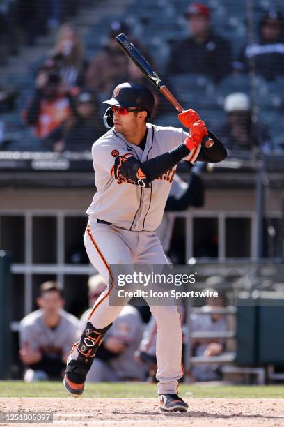 San Francisco Giants catcher Blake Sabol bats during an MLB game against the Chicago White Sox on April 06, 2023 at Guaranteed Rate Field in Chicago,...