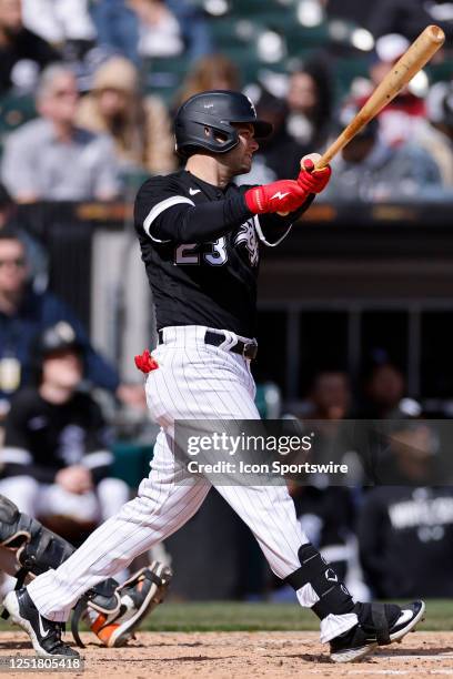 Chicago White Sox left fielder Andrew Benintendi bats during an MLB game against the San Francisco Giants on April 06, 2023 at Guaranteed Rate Field...