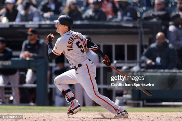 San Francisco Giants center fielder Mike Yastrzemski bats during an MLB game against the Chicago White Sox on April 06, 2023 at Guaranteed Rate Field...