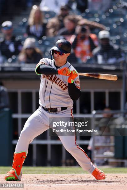 San Francisco Giants designated hitter Joc Pederson bats during an MLB game against the Chicago White Sox on April 06, 2023 at Guaranteed Rate Field...
