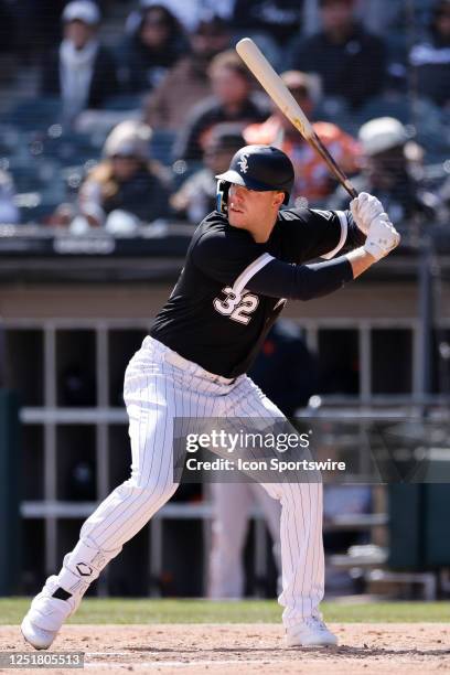 Chicago White Sox designated hitter Gavin Sheets bats during an MLB game against the San Francisco Giants on April 06, 2023 at Guaranteed Rate Field...