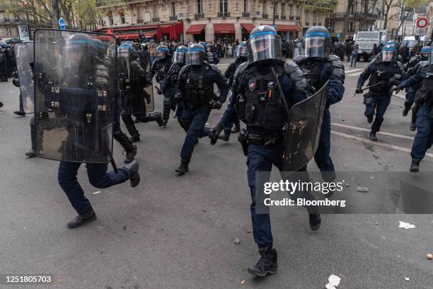 Riot police during a demonstration against pension reform in central Paris, France, on Thursday, April 13, 2023. French unions are holding strikes...