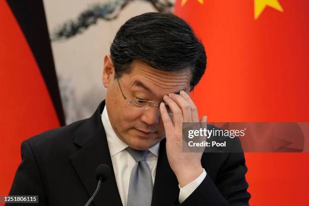 Chinese Foreign Minister Qin Gang during a joint press conference with German Foreign Minister Annalena Baerbock at the Diaoyutai State Guesthouse on...