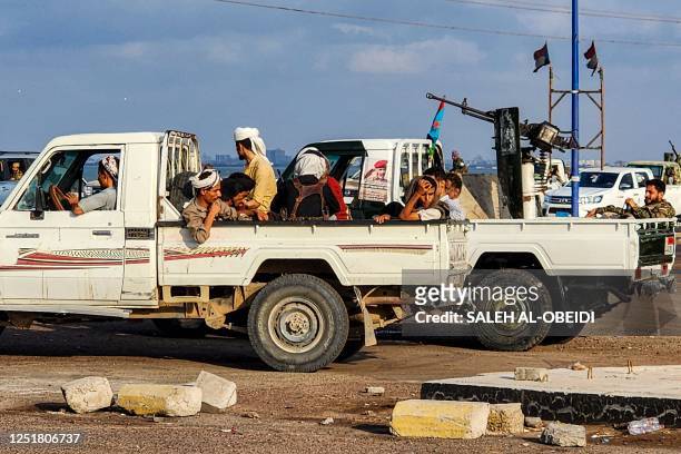 Security forces deploy near Aden International Airport in Yemen's southern city on April 14, 2023 during a prisoner exchange between the...