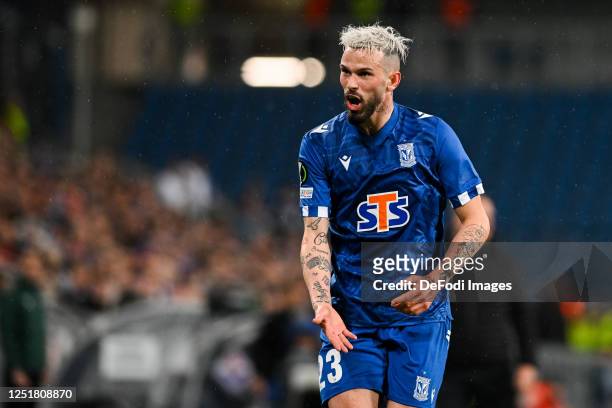 Kristoffer Velde of Lech Poznan gestures during the UEFA Europa Conference League quarterfinal first leg match between Lech Poznan and ACF Fiorentina...