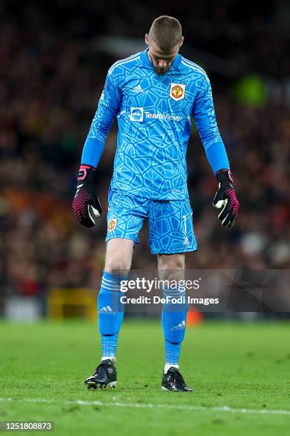 Goalkeeper David de Gea of Manchester United looks dejected during the UEFA Europa League quarterfinal first leg match between Manchester United and...