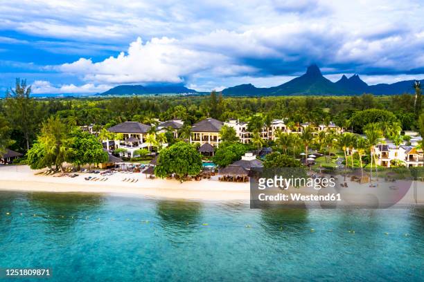 mauritius, black river, flic-en-flac, helicopter view of oceanside village beach in summer - mauritius bildbanksfoton och bilder