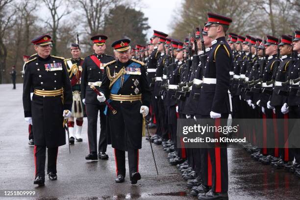 King Charles III inspects the 200th Sovereign's parade at Royal Military Academy Sandhurst on April 14, 2023 in Camberley, England. The parade marks...