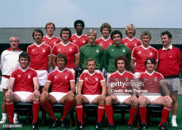 Nottingham Forest line up for a team photograph at the City Ground on July 30, 1978 in Nottingham, England. Back row : Ian Bowyer, Viv Anderson, Tony...