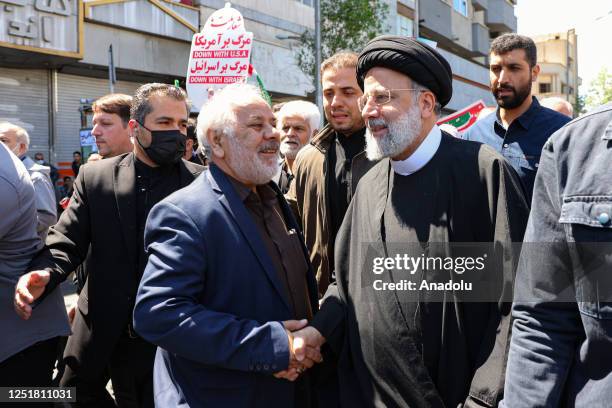 President of Iran, Ebrahim Raisi attends a march marking Al-Quds Day , a commemorative day held annually on the last Friday of the Muslim fasting...