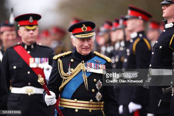 King Charles III inspects the 200th Sovereign's parade at Royal Military Academy Sandhurst on April 14, 2023 in Camberley, England. The parade marks...