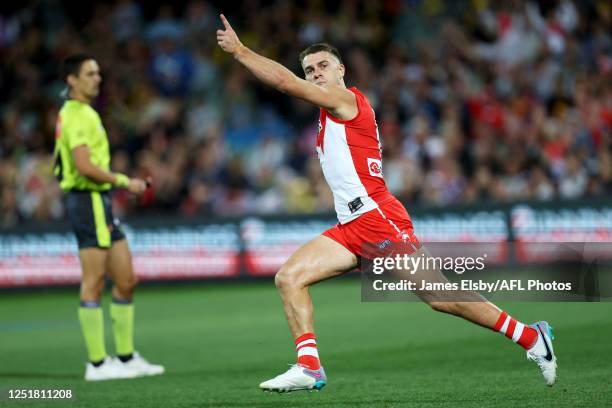 Tom Papley of the Swans celebrates a goal during the 2023 AFL Round 05 match between the Sydney Swans and the Richmond Tigers at Adelaide Oval on...