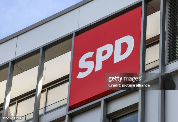 April 2023, North Rhine-Westphalia, Duesseldorf: The SPD logo hangs on the party headquarters building. Top leaders of the North Rhine-Westphalian...