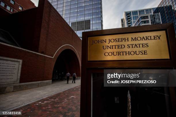 Security guards walk the by the entrance to the John Joseph Moakley United States Courthouse, in Boston, Massachusetts, on April 14, 2023. - Jack...