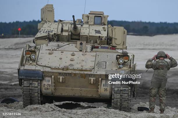 Soldiers from 2nd Battalion, 70th Armor Regiment, 1st Infantry Division train with Bradley Fighting Vehicles at Nowa Deba, in Nowa Deba, Poland, on...