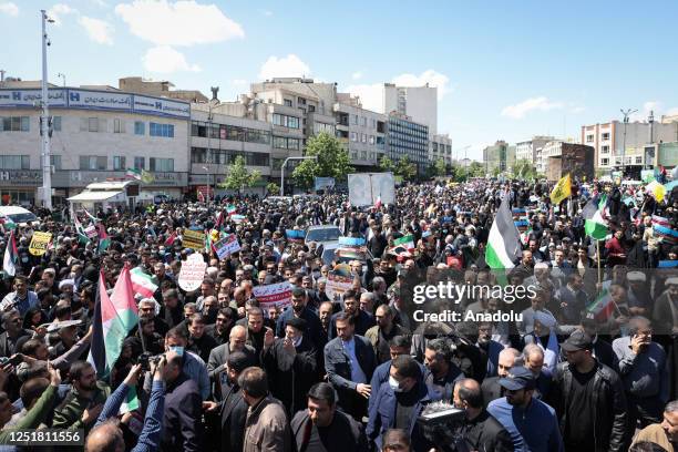 President of Iran, Ebrahim Raisi attends a march marking Al-Quds Day , a commemorative day held annually on the last Friday of the Muslim fasting...