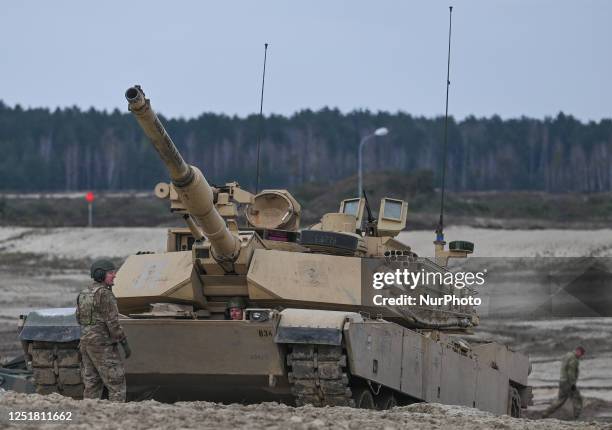Soldiers from 2nd Battalion, 70th Armor Regiment, 1st Infantry Division train with M1A2 Abrams tanks at Nowa Deba, in Nowa Deba, Poland, on April 12...