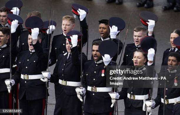 Officer Cadets give three cheers to King Charles III during the 200th Sovereign's Parade at the Royal Military Academy Sandhurst in Camberley,...