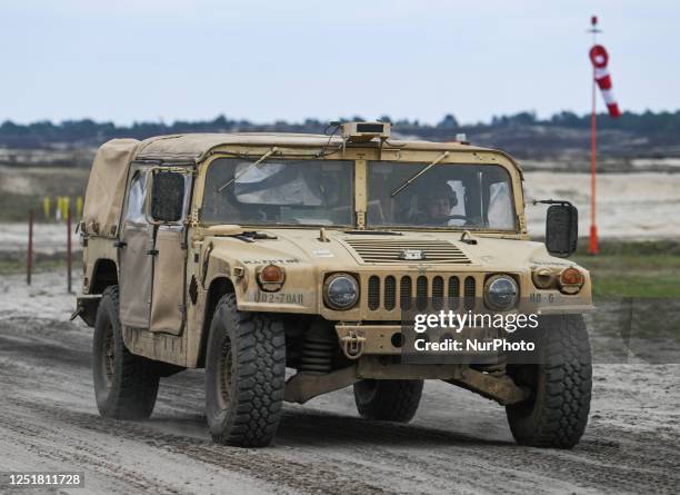 Army High Mobility Multipurpose Wheeled Vehicle military truck is seen at the end a high-intensity training session at Nowa Deba, in Nowa Deba,...