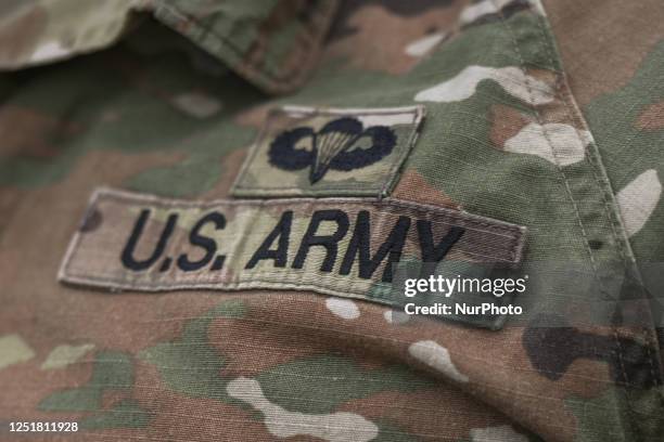 The sticker 'U.S. Army' seen on a soldier uniform from the 1st Infantry Division, during a military training at Nowa Deba training ground, in Nowa...