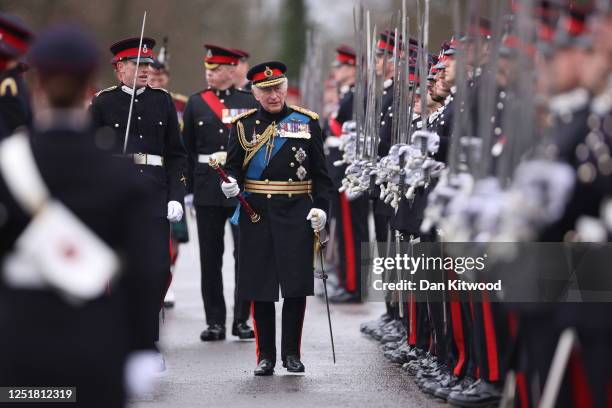 King Charles III inspects the 200th Sovereign's parade at Royal Military Academy Sandhurst on April 14, 2023 in Camberley, England. The parade marks...