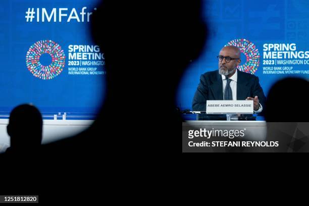 Director of the African Department at the International Monetary Fund , Abebe Aemro Selassie, speaks at a press briefing during the World Bank Group...