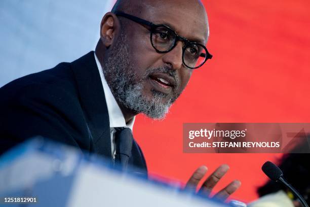 Director of the African Department at the International Monetary Fund , Abebe Aemro Selassie, speaks at a press briefing during the World Bank Group...