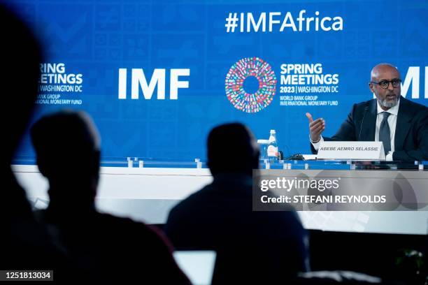 Director of the African Department at the International Monetary Fund , Abebe Aemro Selassie, speaks at a press briefing during the World Bank Group...