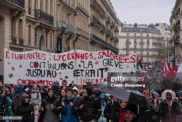 Students and education workers march during a demonstration against pension reform in central Paris, France, on Friday, April 14, 2023. France's...