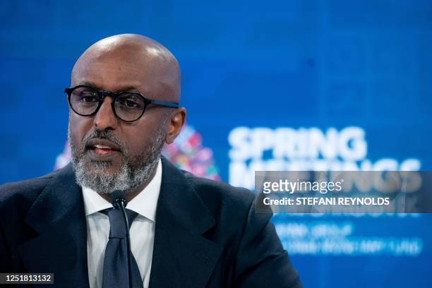Director of the African Department at the International Monetary Fund , Abebe Aemro Selassie, speaks at a press briefing during the World Bank Group...